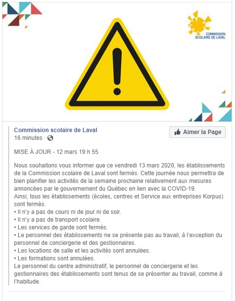 vendredi 13 mars 2020, les établissements de la Commission scolaire de Laval sont fermés