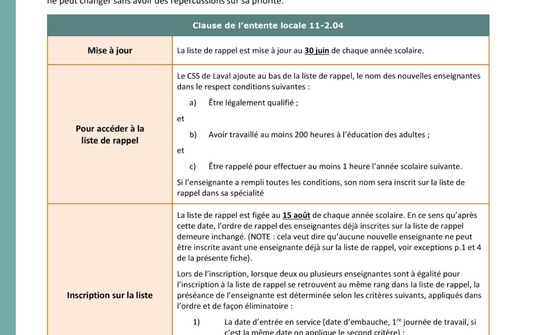 Liste de rappel – EA