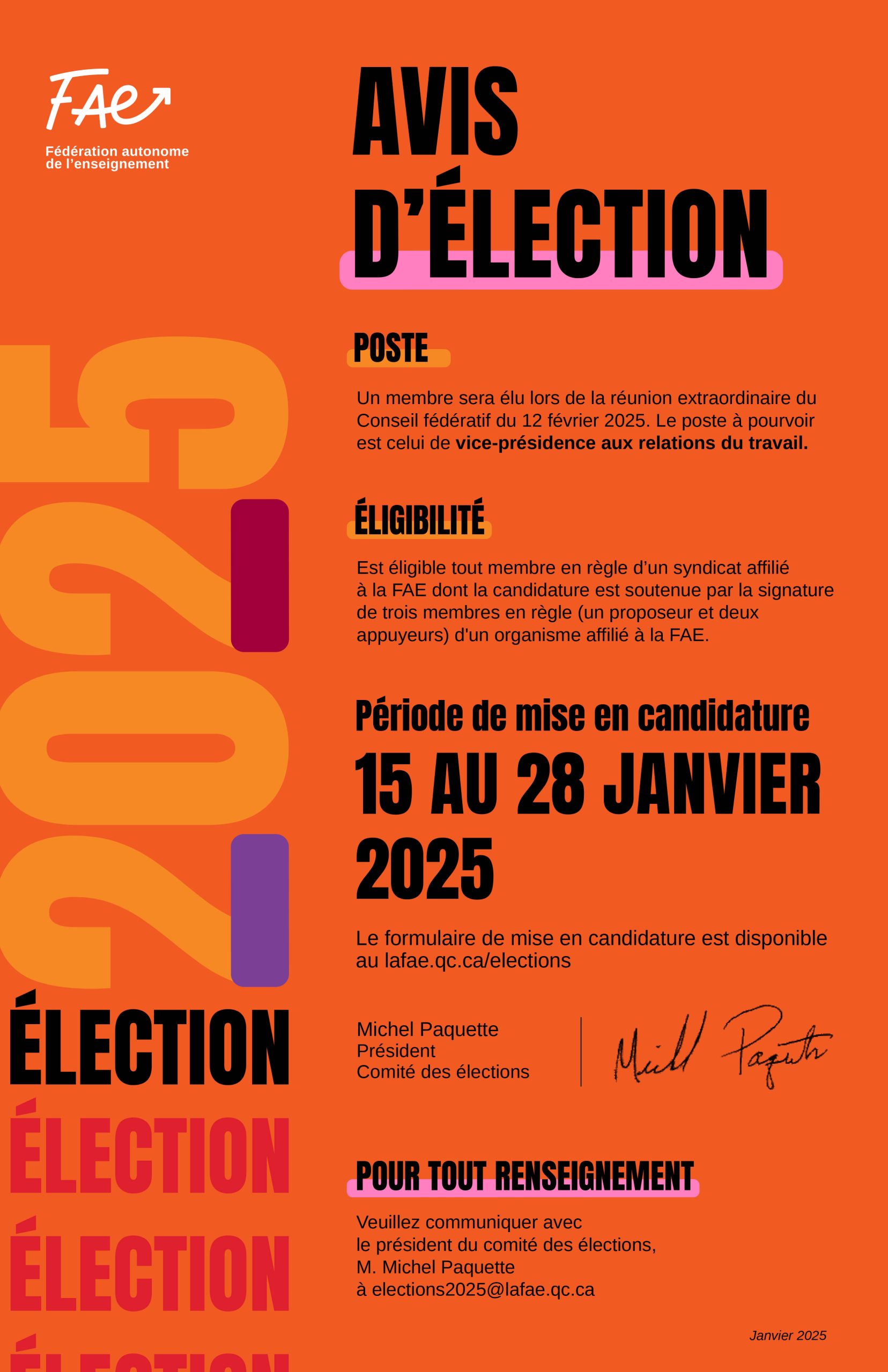 Avis d&rsquo;élection au Comité exécutif de la FAE – Conseil fédératif de février 2025